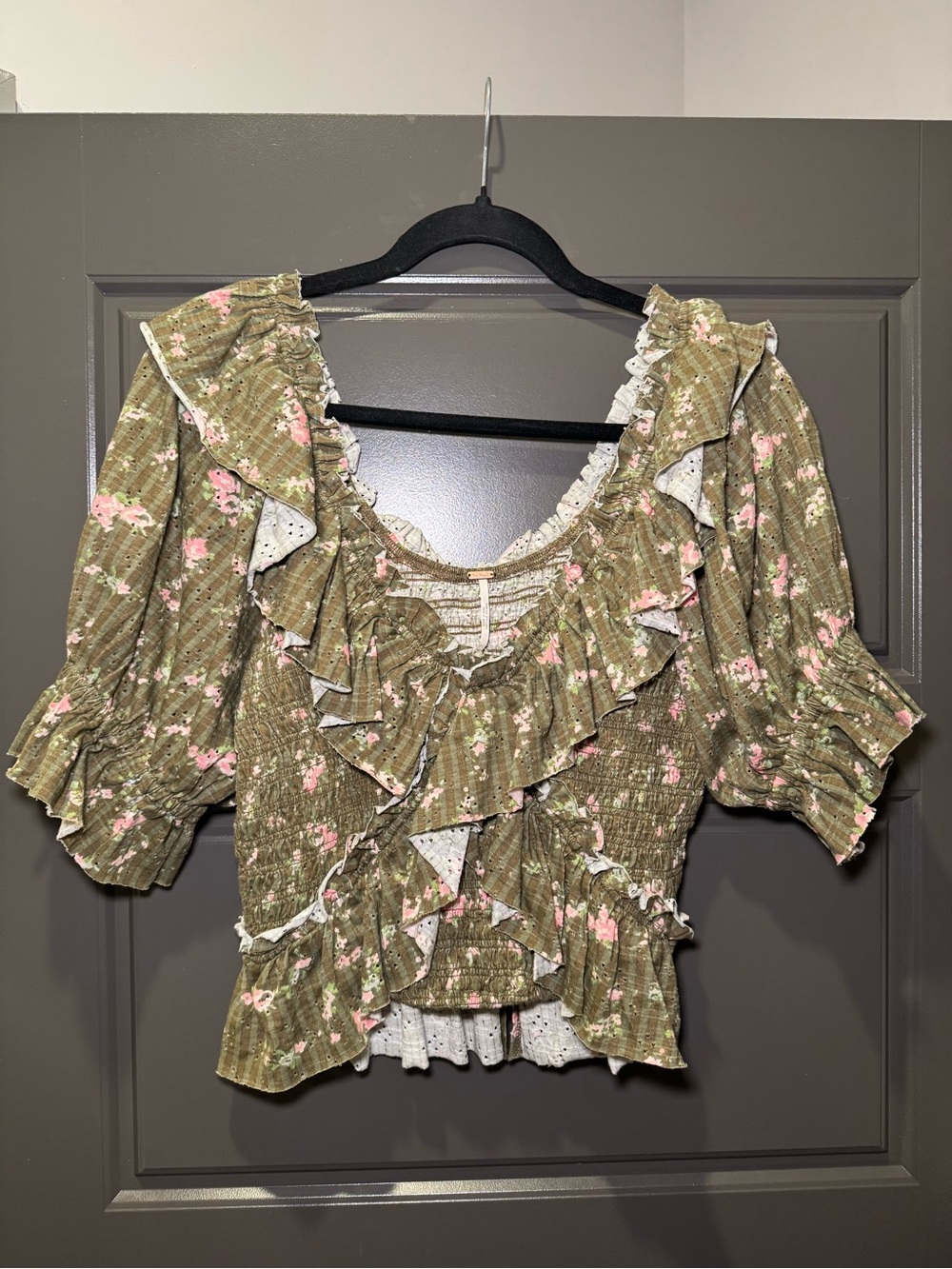 Free People Olive Green Floral Ruffle Blouse